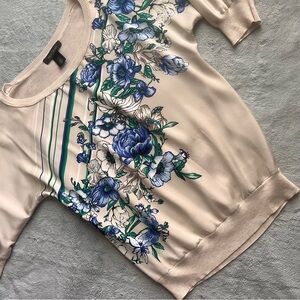 White House Black Market Silky Floral Knit Sweater Top Cream Blue Green XS